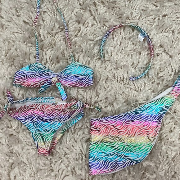 Build a Bear Zebra Rainbow Metallic Bikini, Wrap, & Headband - Picture 1 of 1